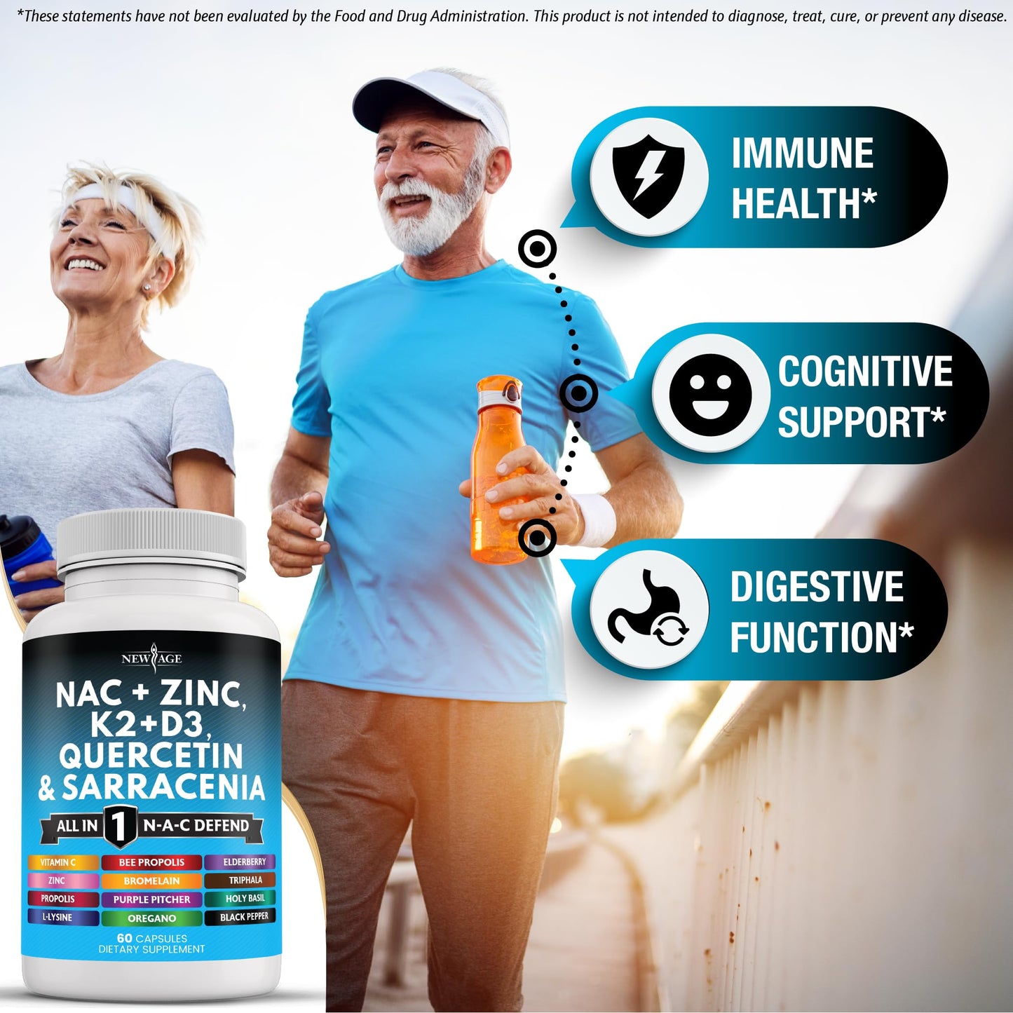 Close up of New Age dietary supplement showing respiratory wellness benefits text