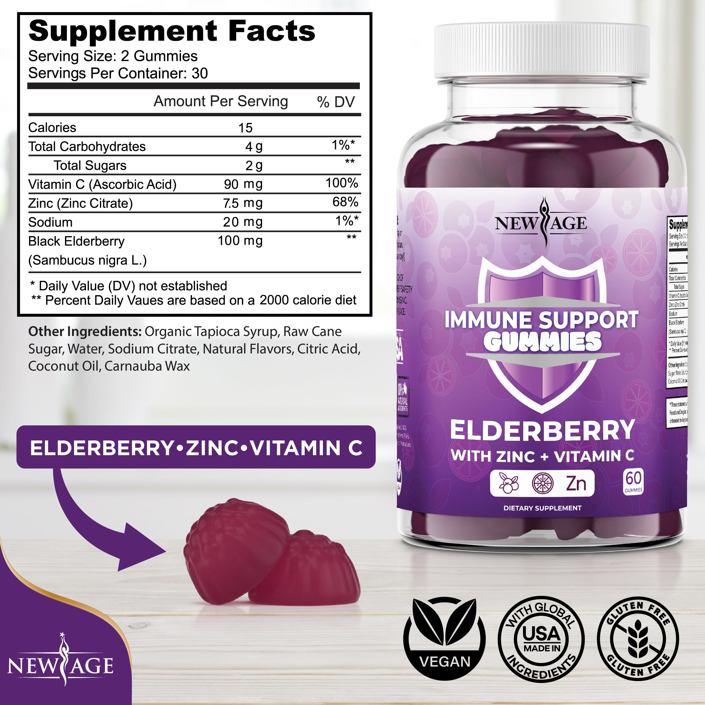 NEW AGE Sambucus elderberry gummies showing supplement facts panel with vitamin c and zinc ingredients list