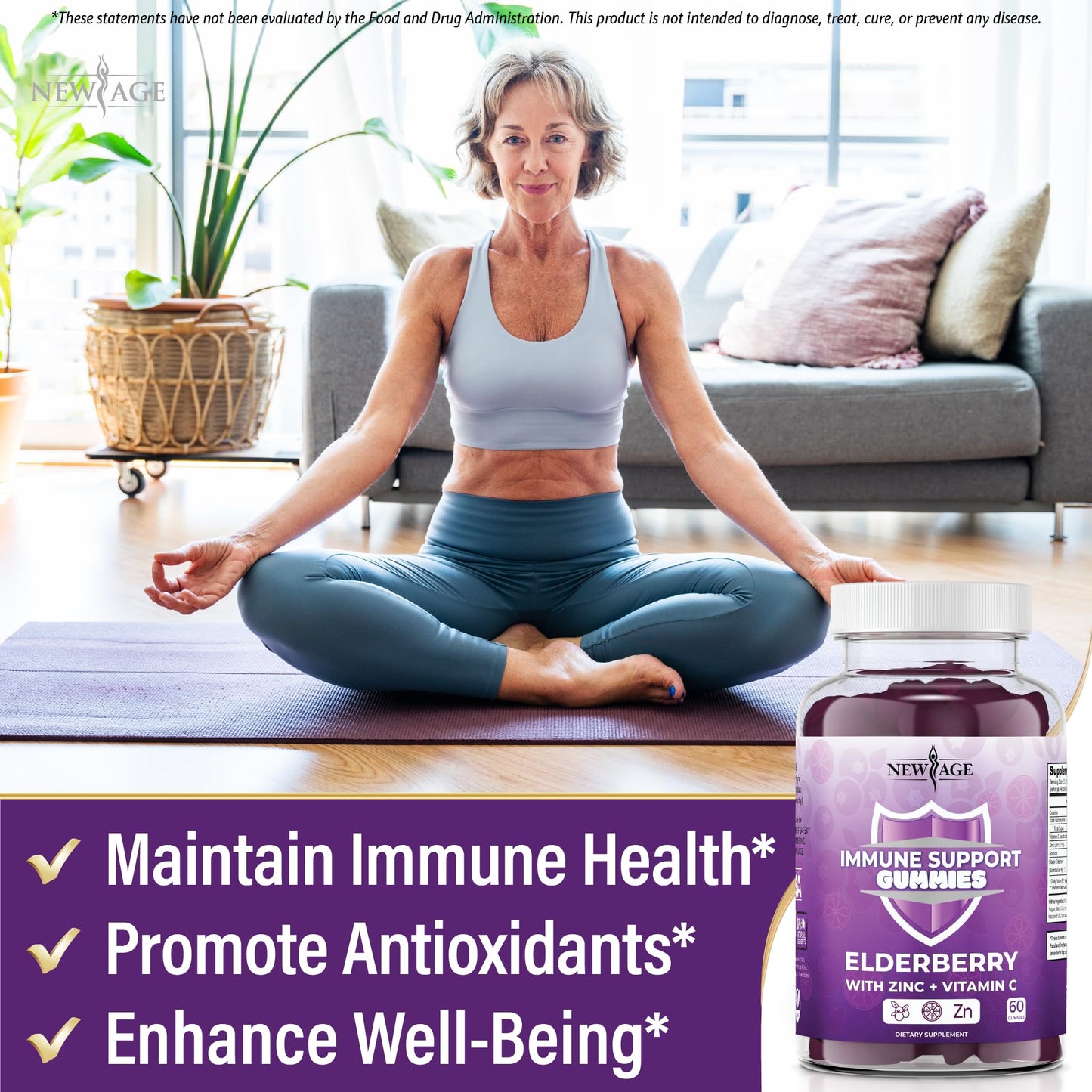 NEW AGE immunity support health supplements showing authentic imported third party tested seal on clear plastic bottle