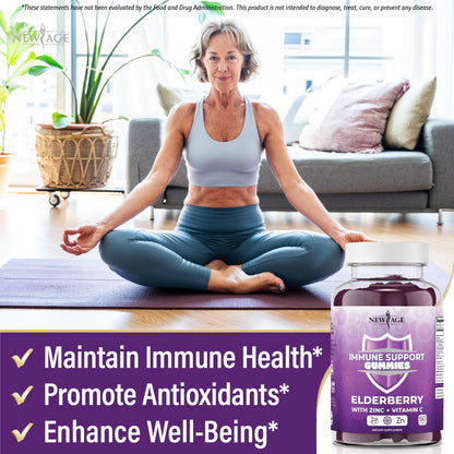 NEW AGE immunity support health supplements showing authentic imported third party tested seal on clear plastic bottle