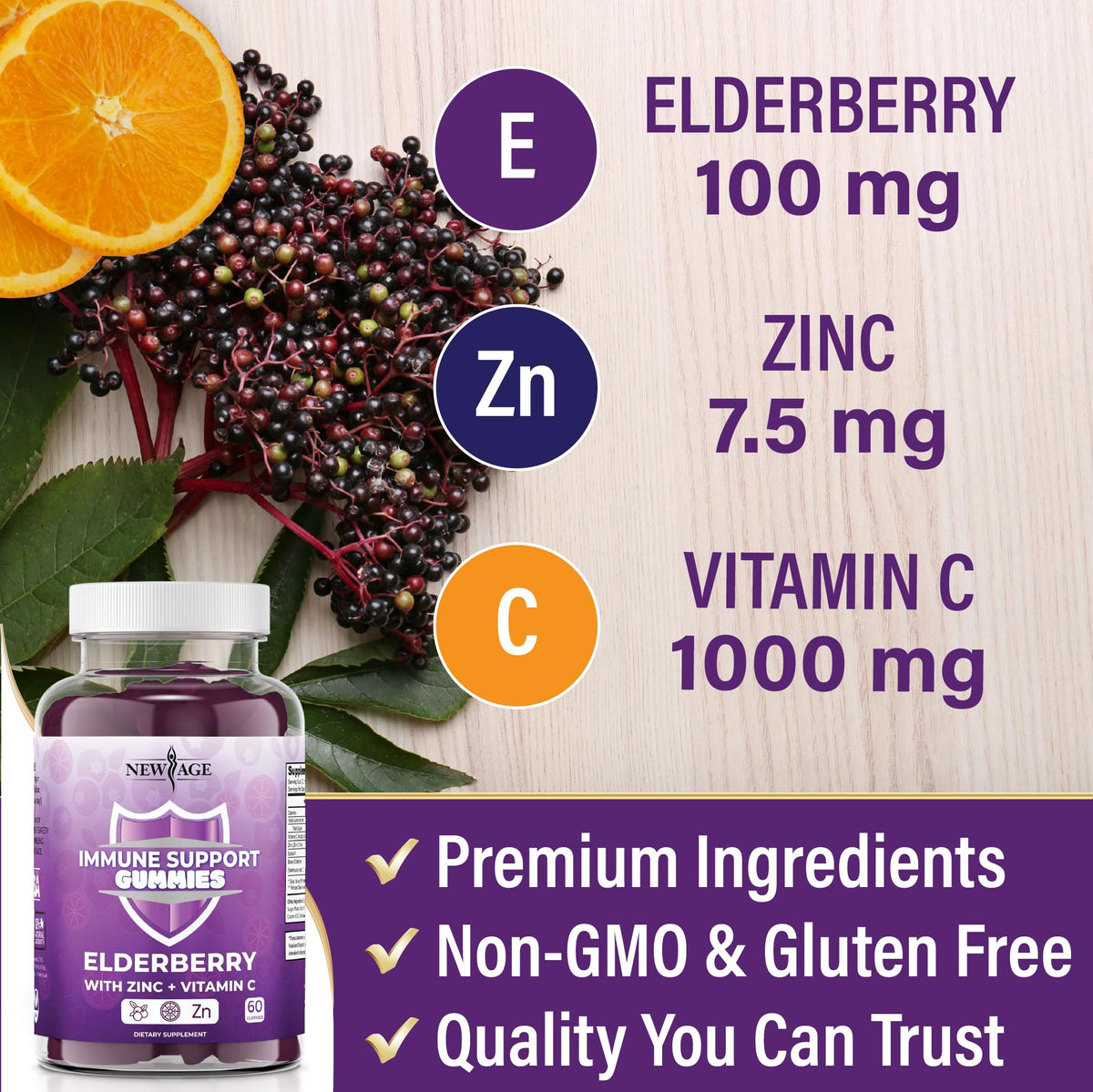 NEW AGE elderberry vitamin c and zinc dietary supplement displayed on a clean wellness table setup
