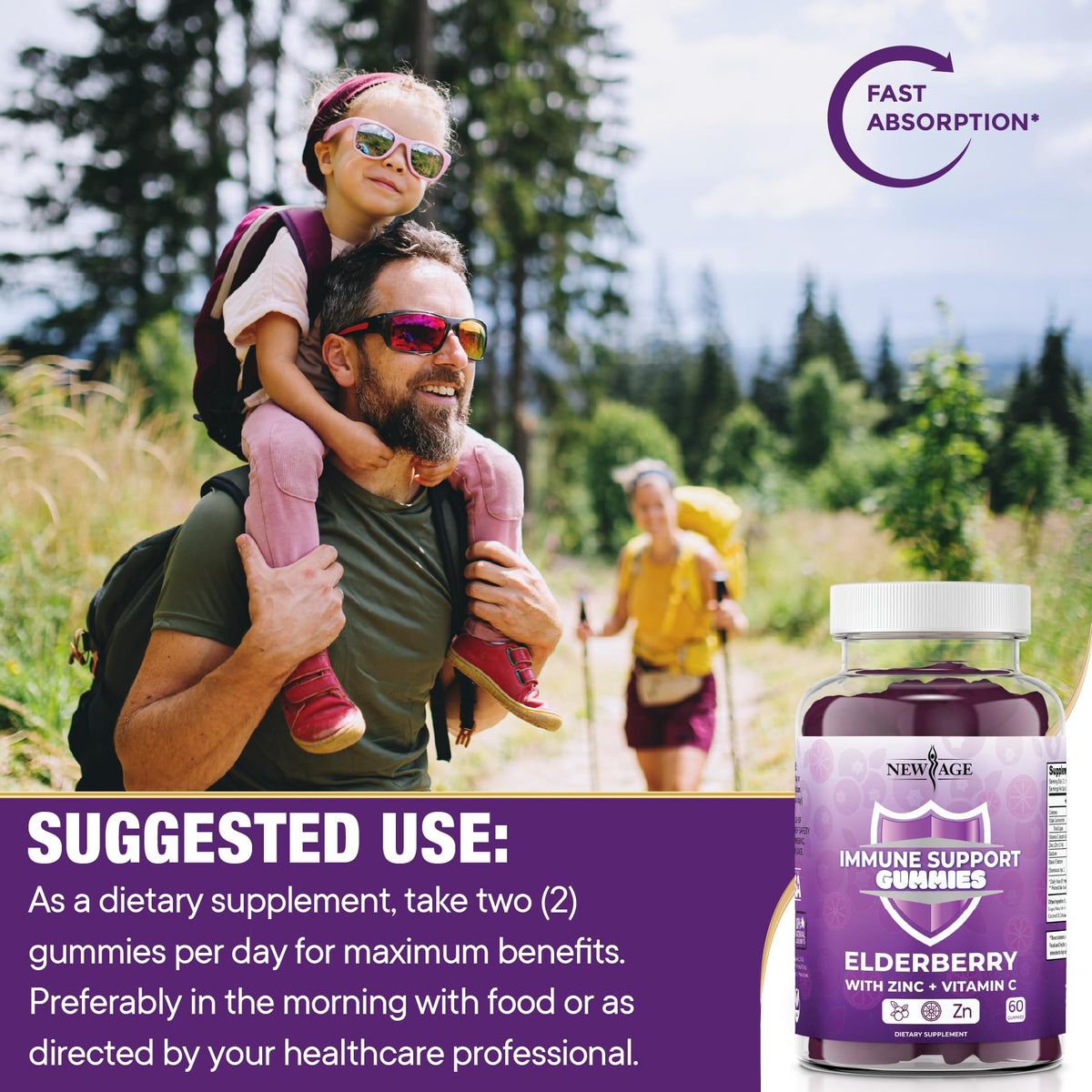Side layout of NEW AGE chewable dietary supplements highlighting soy free and gluten free product claims