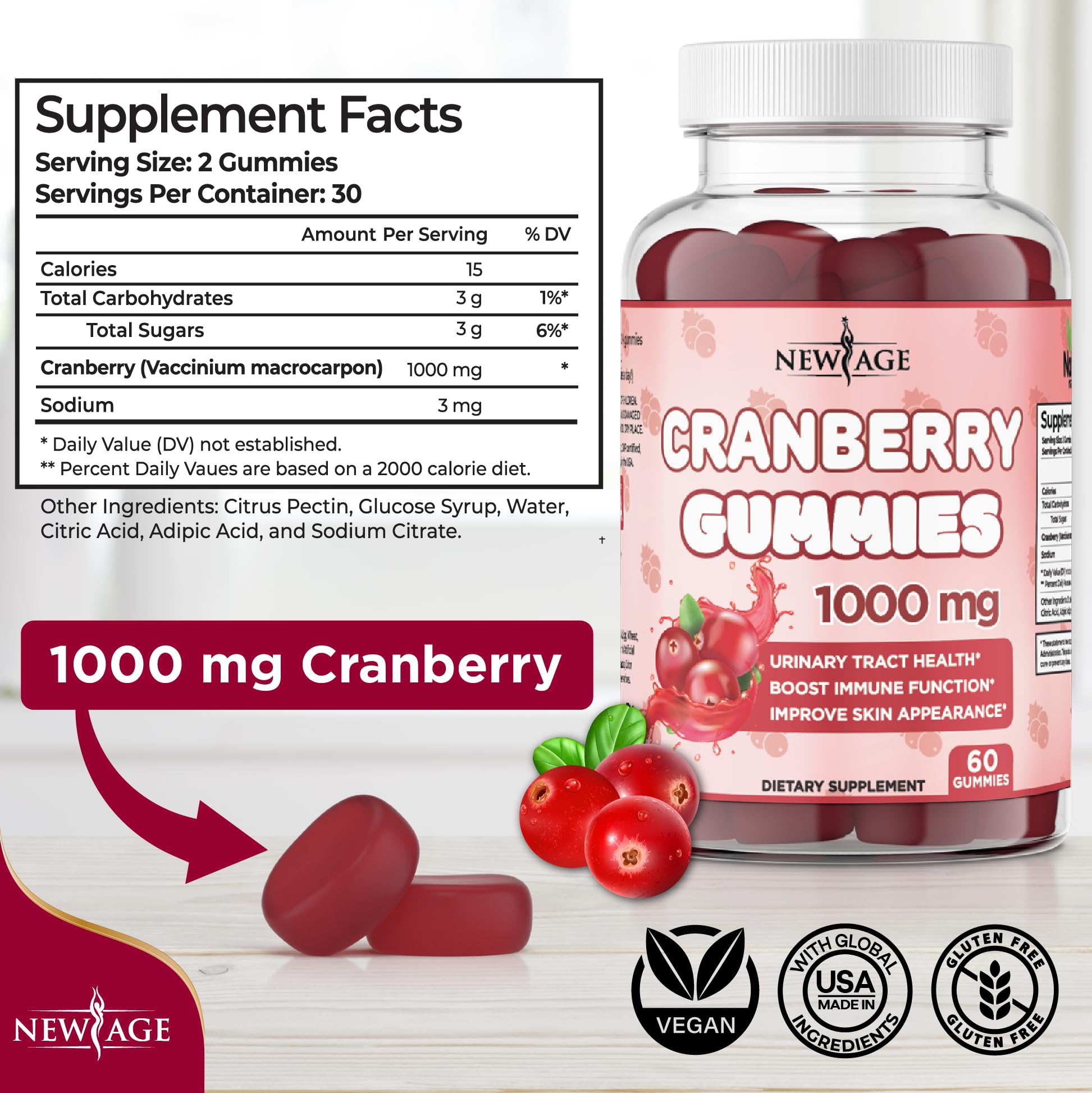 New Age Cranberry Gummies vegetarian supplement label details