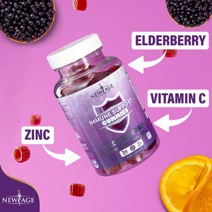 Back label view of NEW AGE 120 count black elderberry defense gummies showing precise daily usage directions