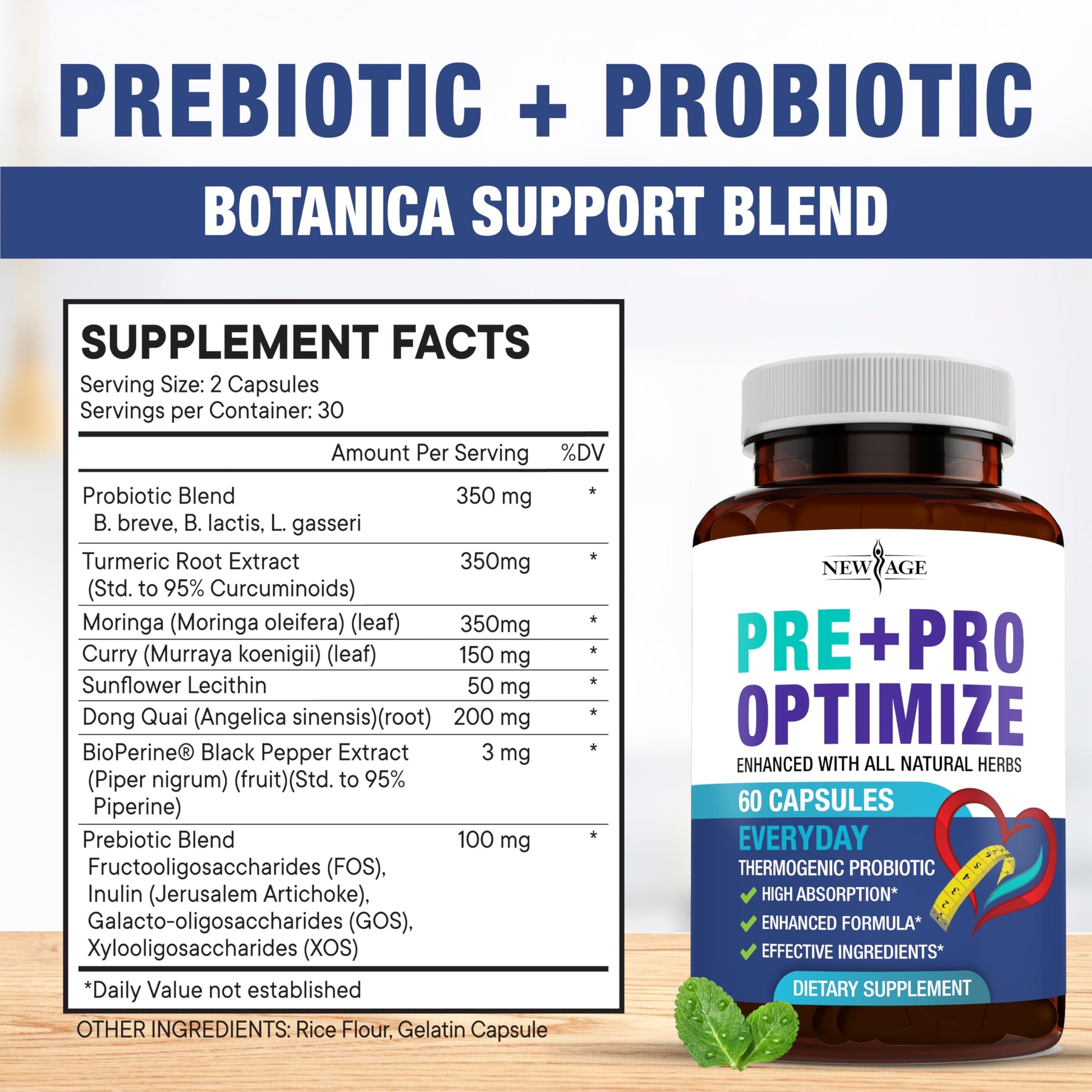 Top angle view of the New Age thermogenic probiotic packaging highlighting non GMO and gluten free seals