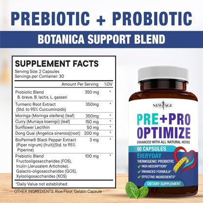 Top angle view of the New Age thermogenic probiotic packaging highlighting non GMO and gluten free seals