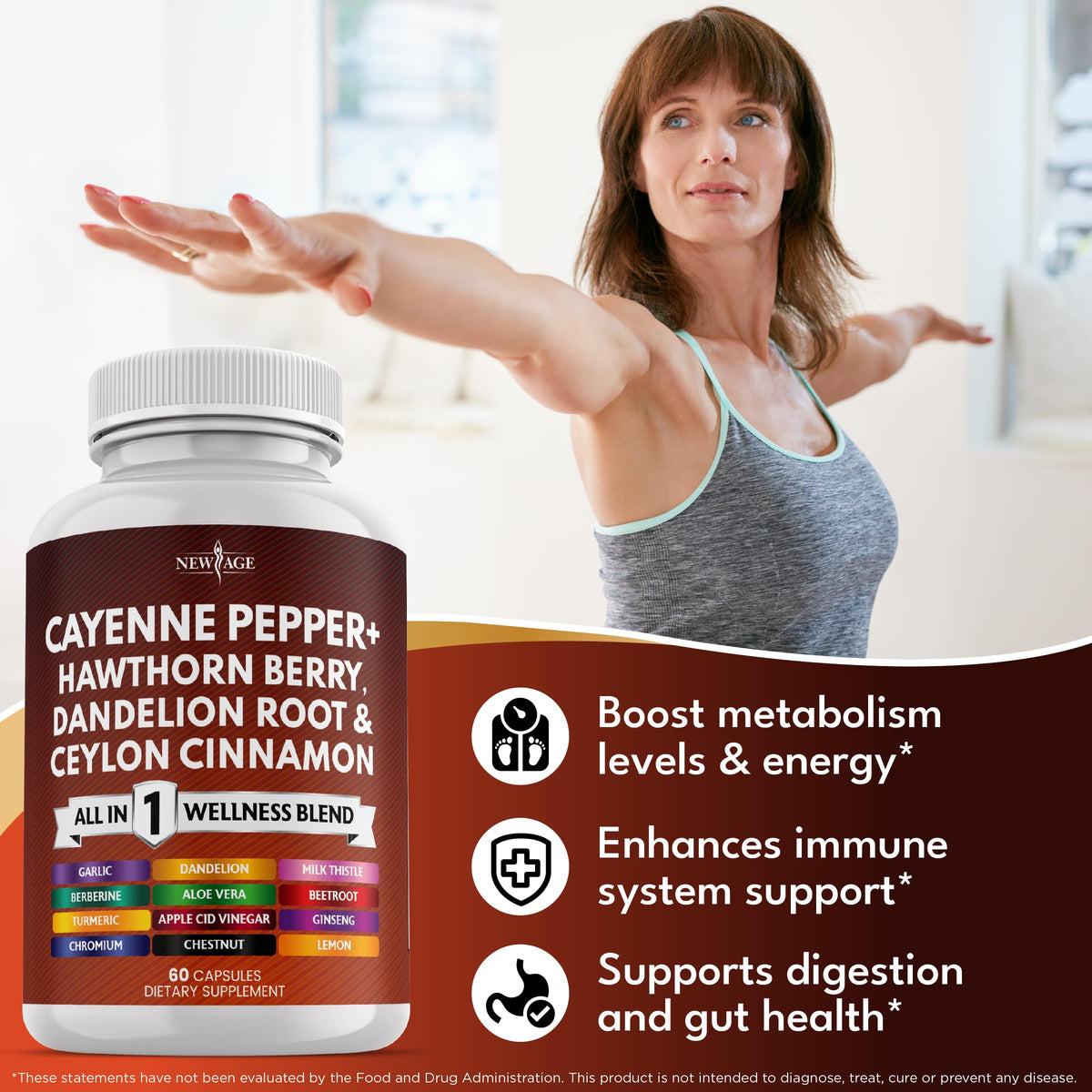 Supplement facts label on New Age cayenne pepper and garlic extract wellness capsules