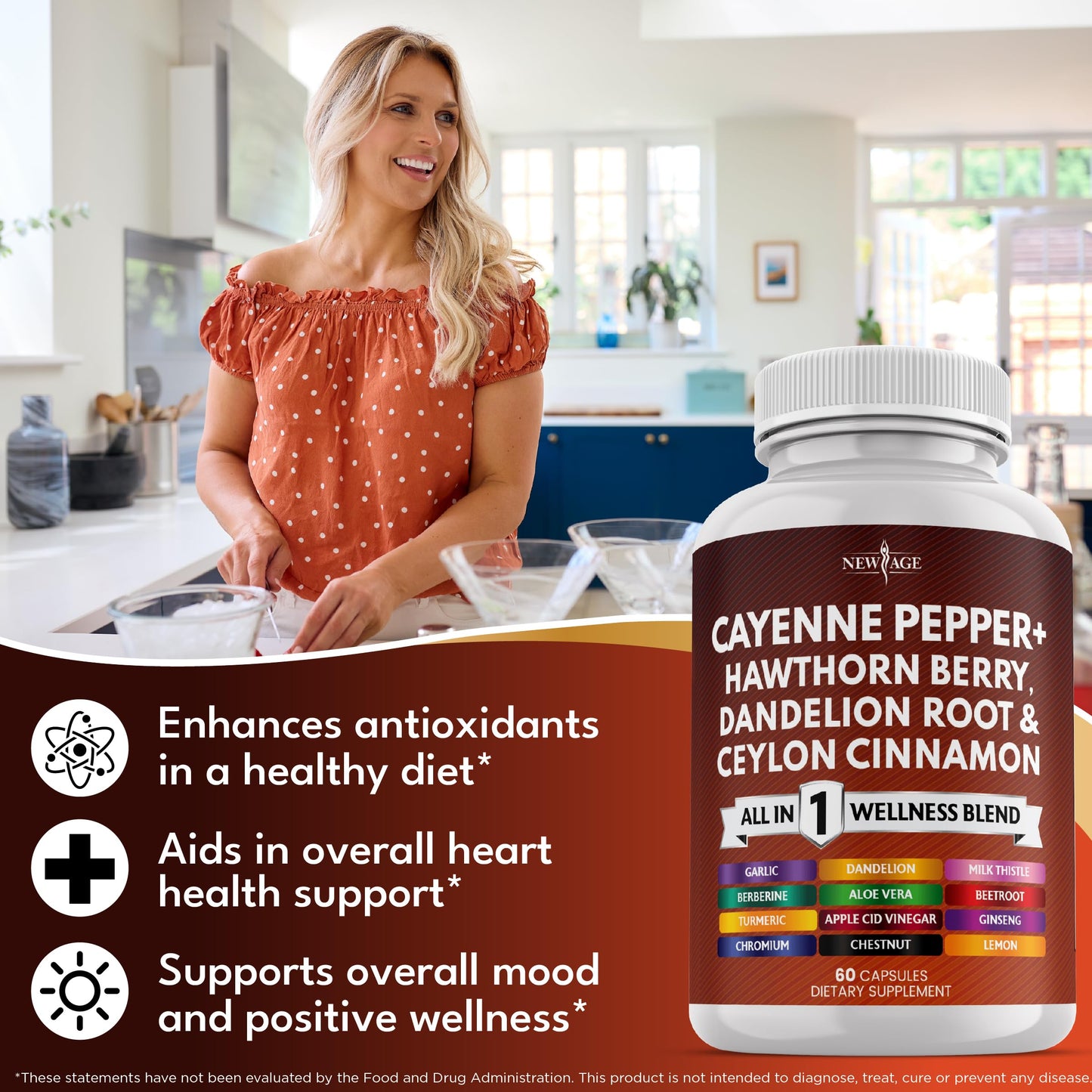 Side view of New Age cardiovascular support blend featuring cayenne and hawthorn berry details
