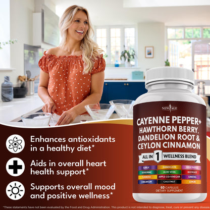Side view of New Age cardiovascular support blend featuring cayenne and hawthorn berry details
