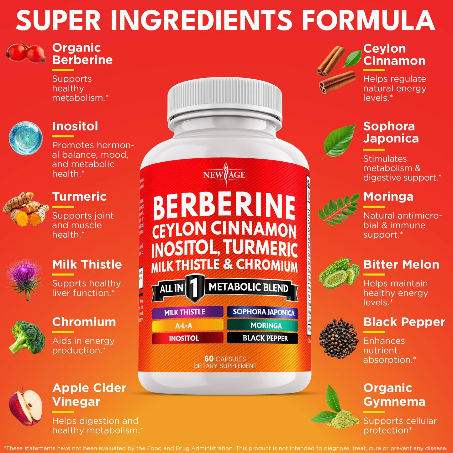New Age metabolic support supplement bottle showing ingredients list and nutritional facts
