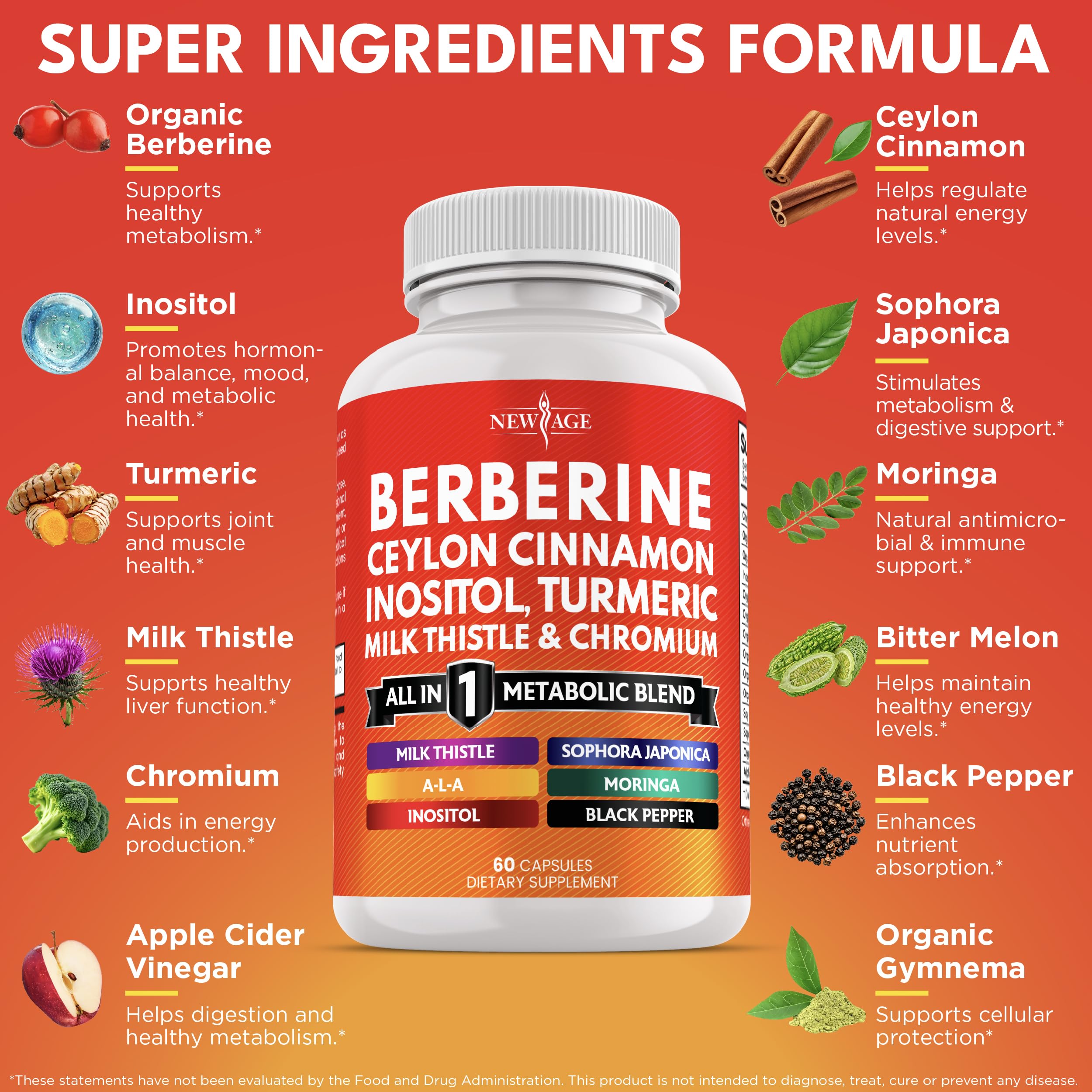 New Age metabolic support supplement bottle showing ingredients list and nutritional facts