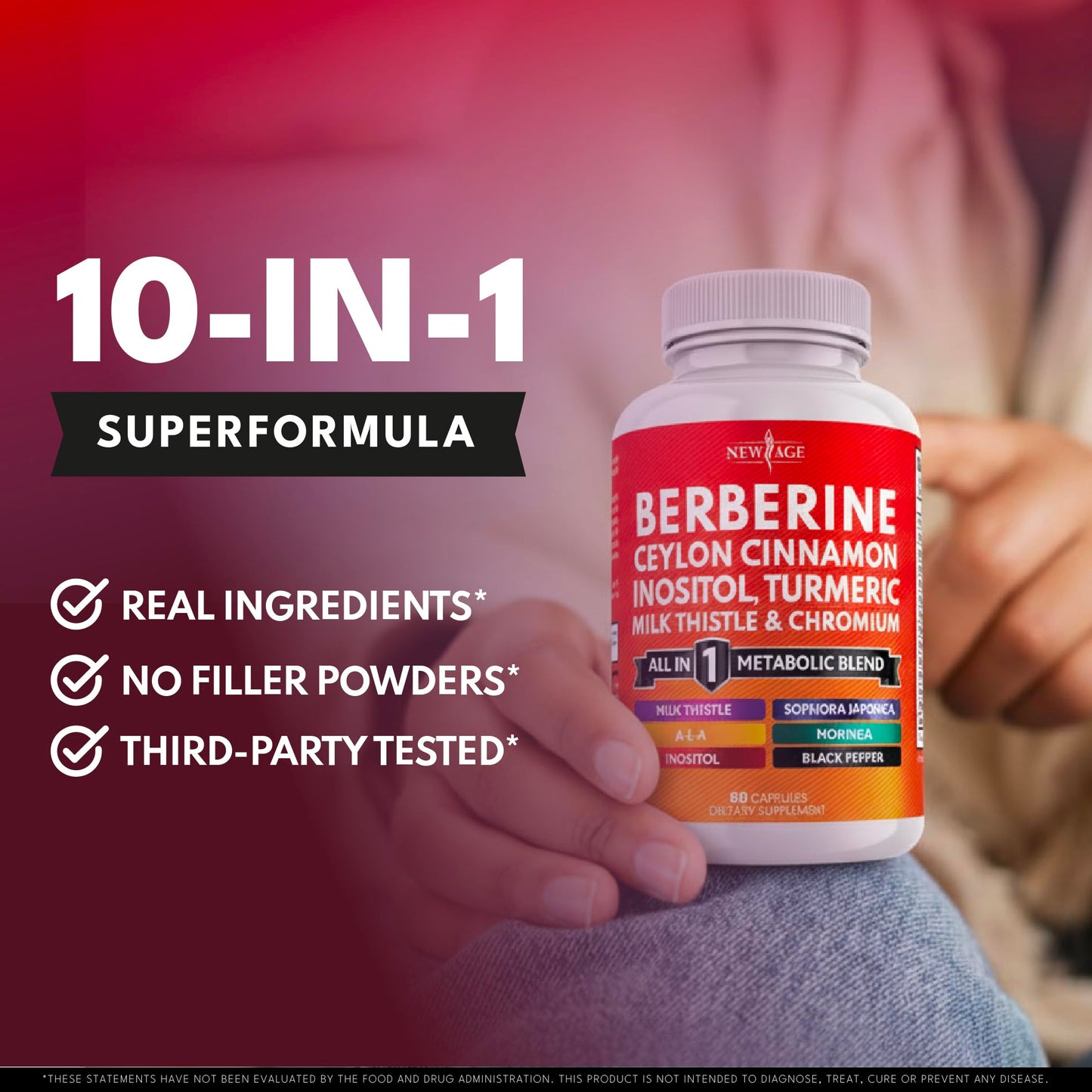 New Age wellness supplement showing product size details and vegan certification icons