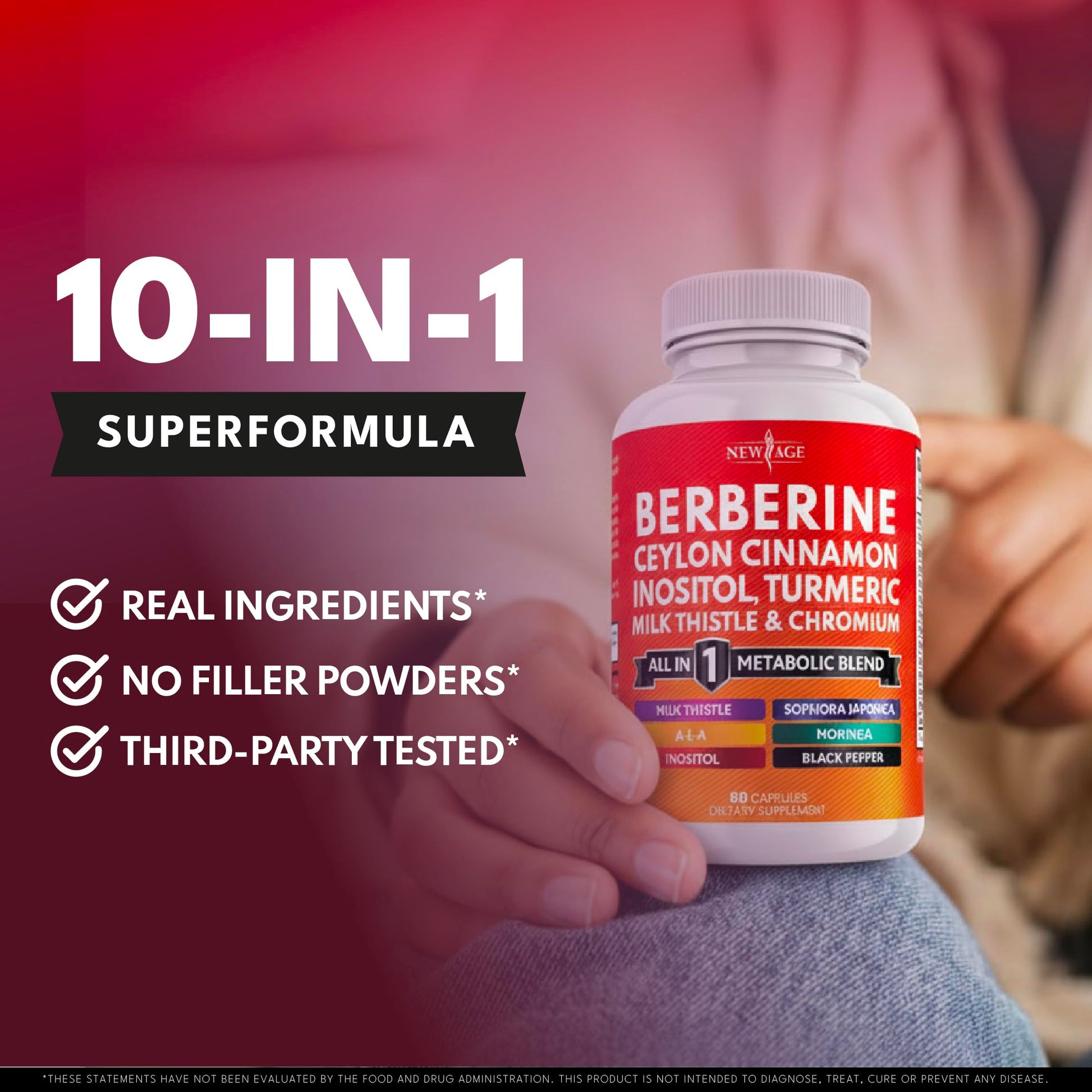 New Age wellness supplement showing product size details and vegan certification icons