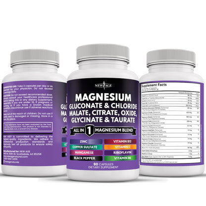 Authentic USA imported New Age Magnesium bottle for bone health.