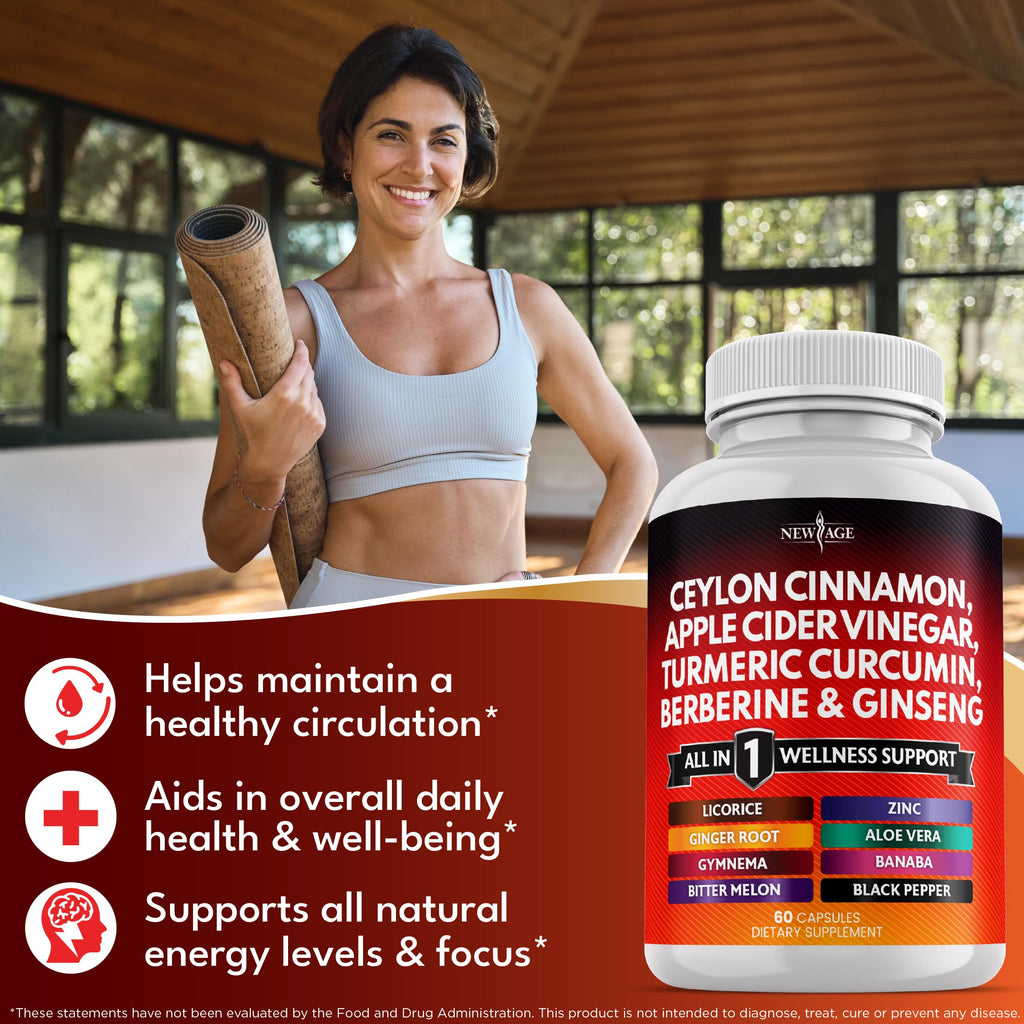 Side profile of New Age Ceylon Cinnamon and ACV capsule bottle