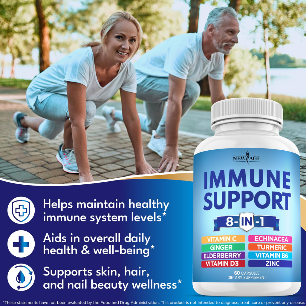 New Age 8 in 1 supplement bottle with Vitamin D3 5000 IU text