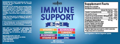Back view of New Age 8 in 1 immune support bottle ingredients