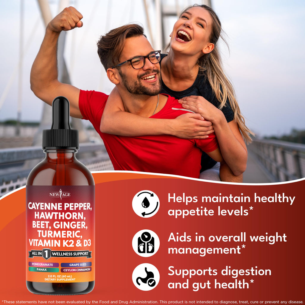 Supplement facts label on New Age cayenne pepper and hawthorn berry extract drops.