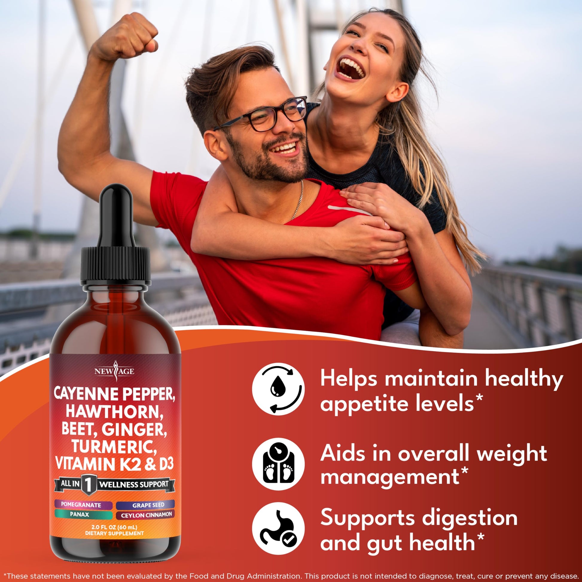 Supplement facts label on New Age cayenne pepper and hawthorn berry extract drops.