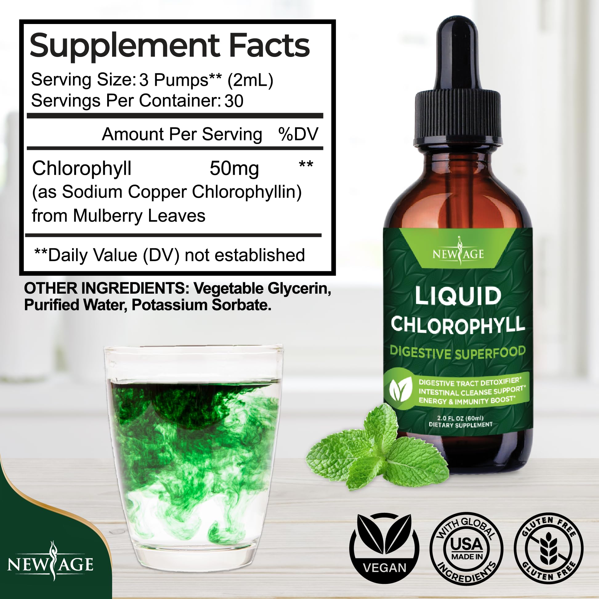 Side angle of the New Age natural concentrate dropper bottle detailing the organic mulberry leaf extract ingredient.
