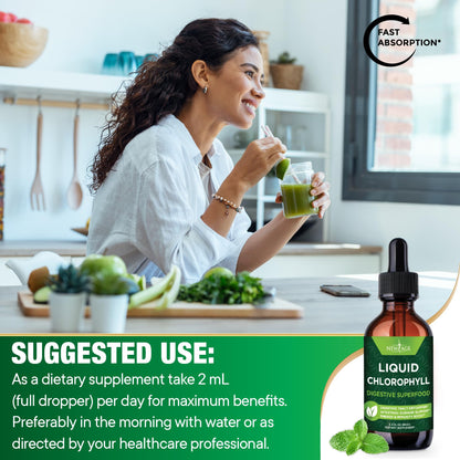 Authentic imported liquid chlorophyll bottles highlight showing the gluten free and vegan friendly certifications.