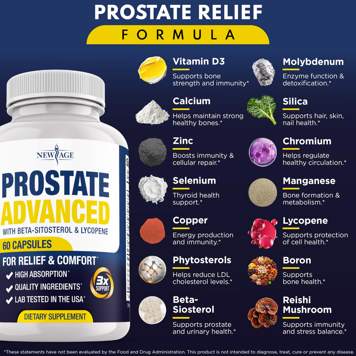 New Age Prostate Advanced Supplement back label showing ingredients and dosage.