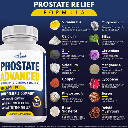 New Age Prostate Advanced capsules showing beta-sitosterol and lycopene ingredients.