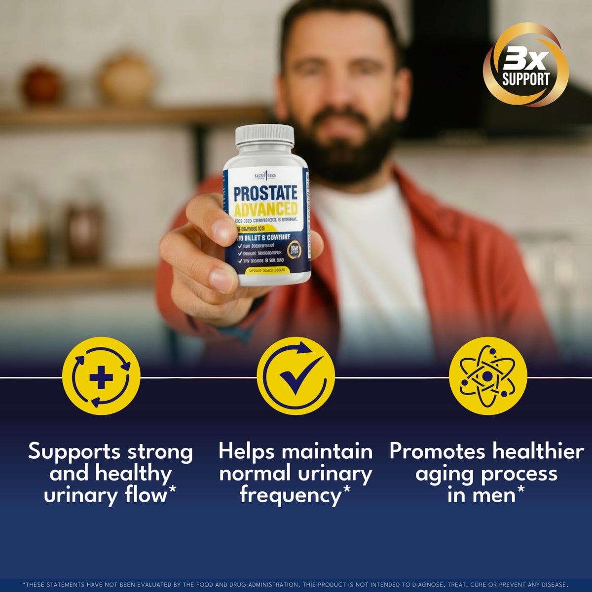 New Age Prostate Advanced Supplement bottle next to supplement facts panel.