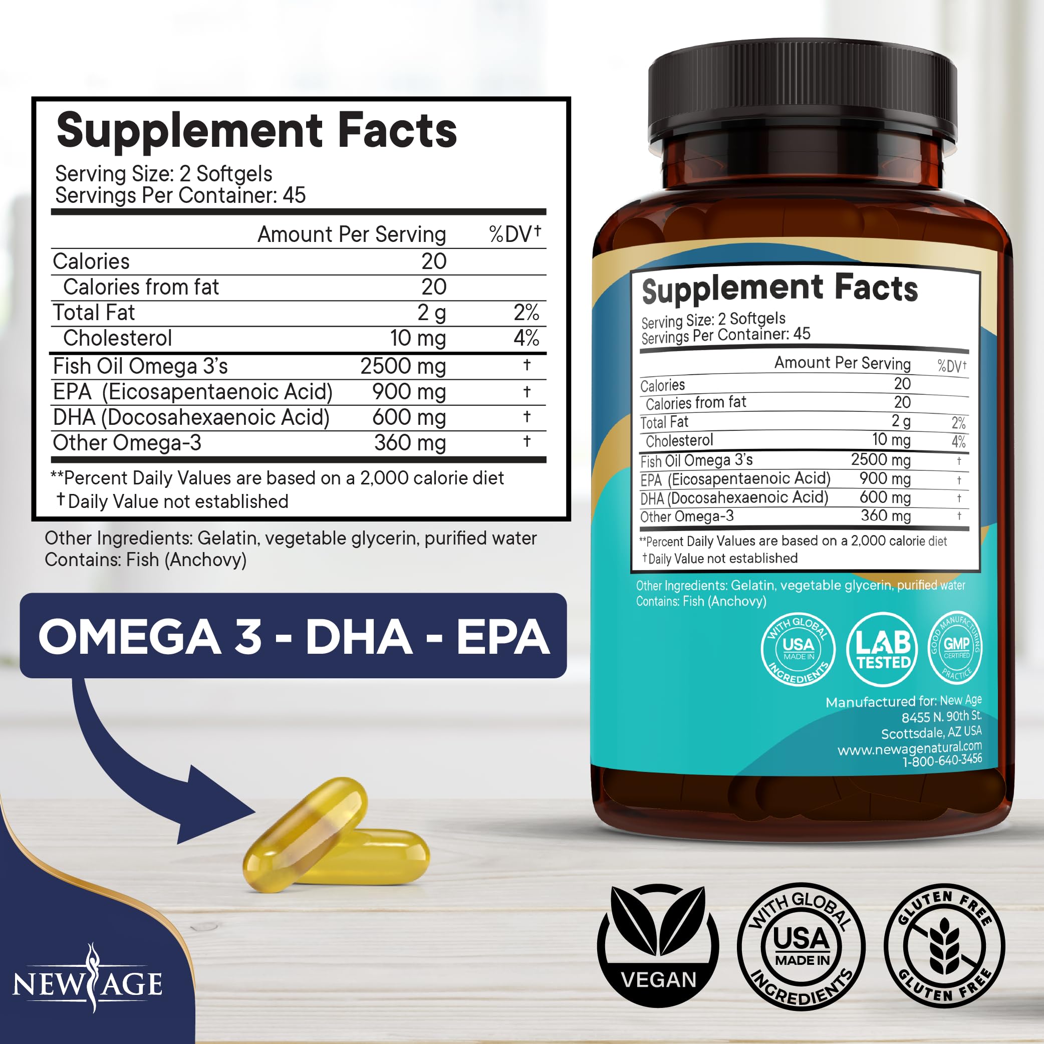 New Age Omega 3 supplement bottle showing high EPA and DHA nutritional facts label.