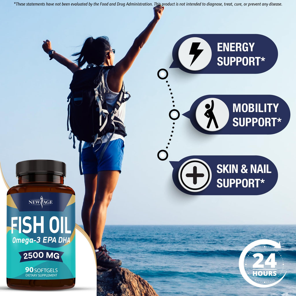 New Age Omega 3 Fish Oil golden softgel capsules poured out