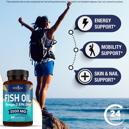Two bottles of non-GMO New Age 90 softgels high potency fish oil for heart support.