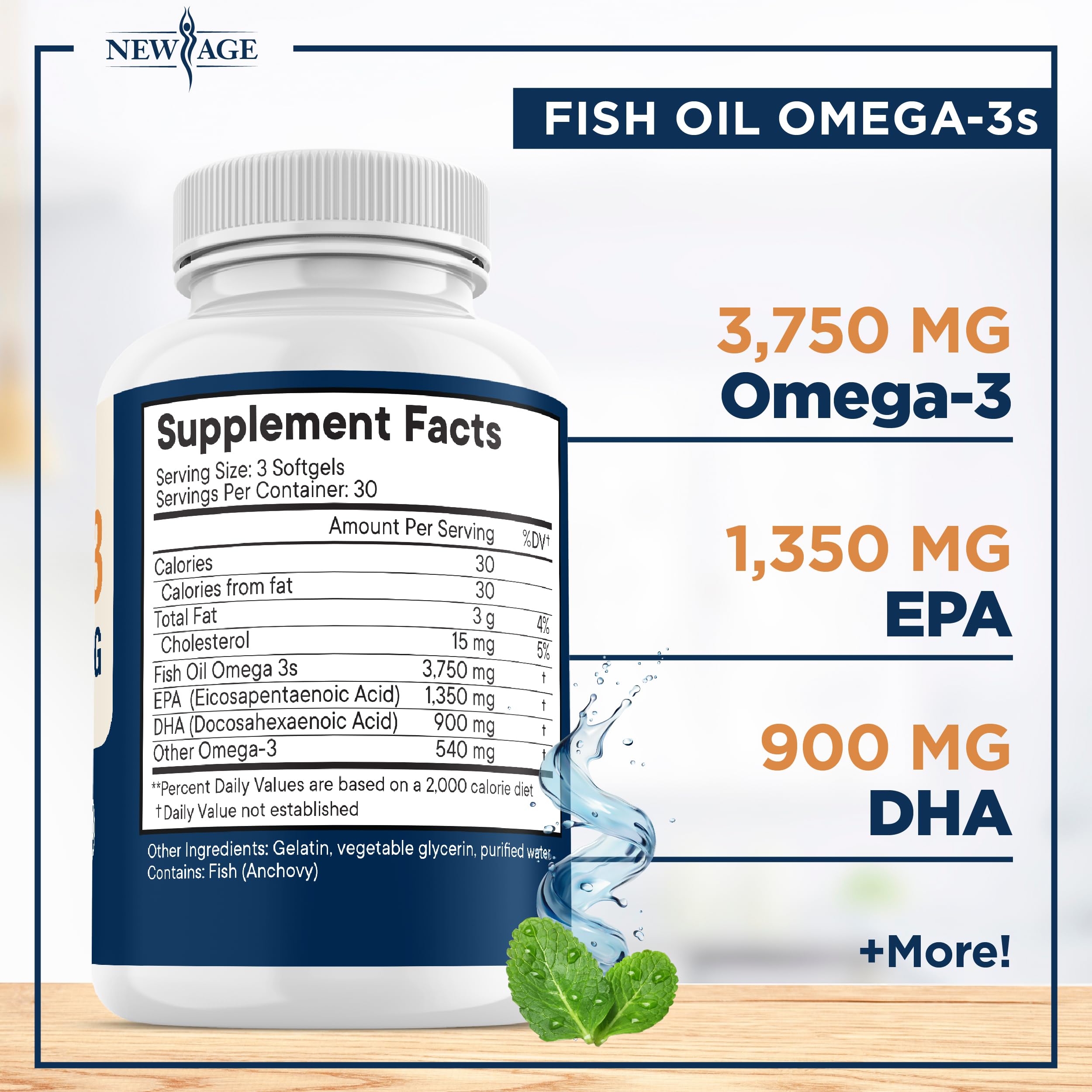 New Age Omega 3 dietary supplement showing supplement facts and ingredient list
