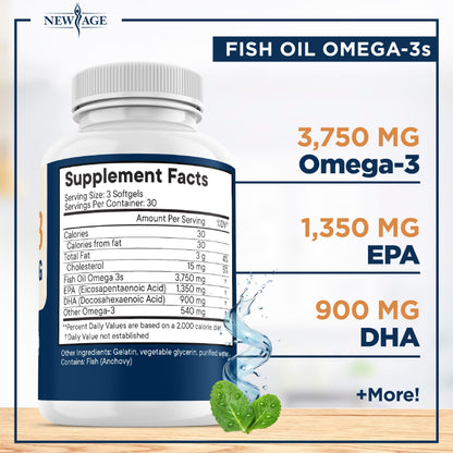 New Age Omega 3 dietary supplement showing supplement facts and ingredient list