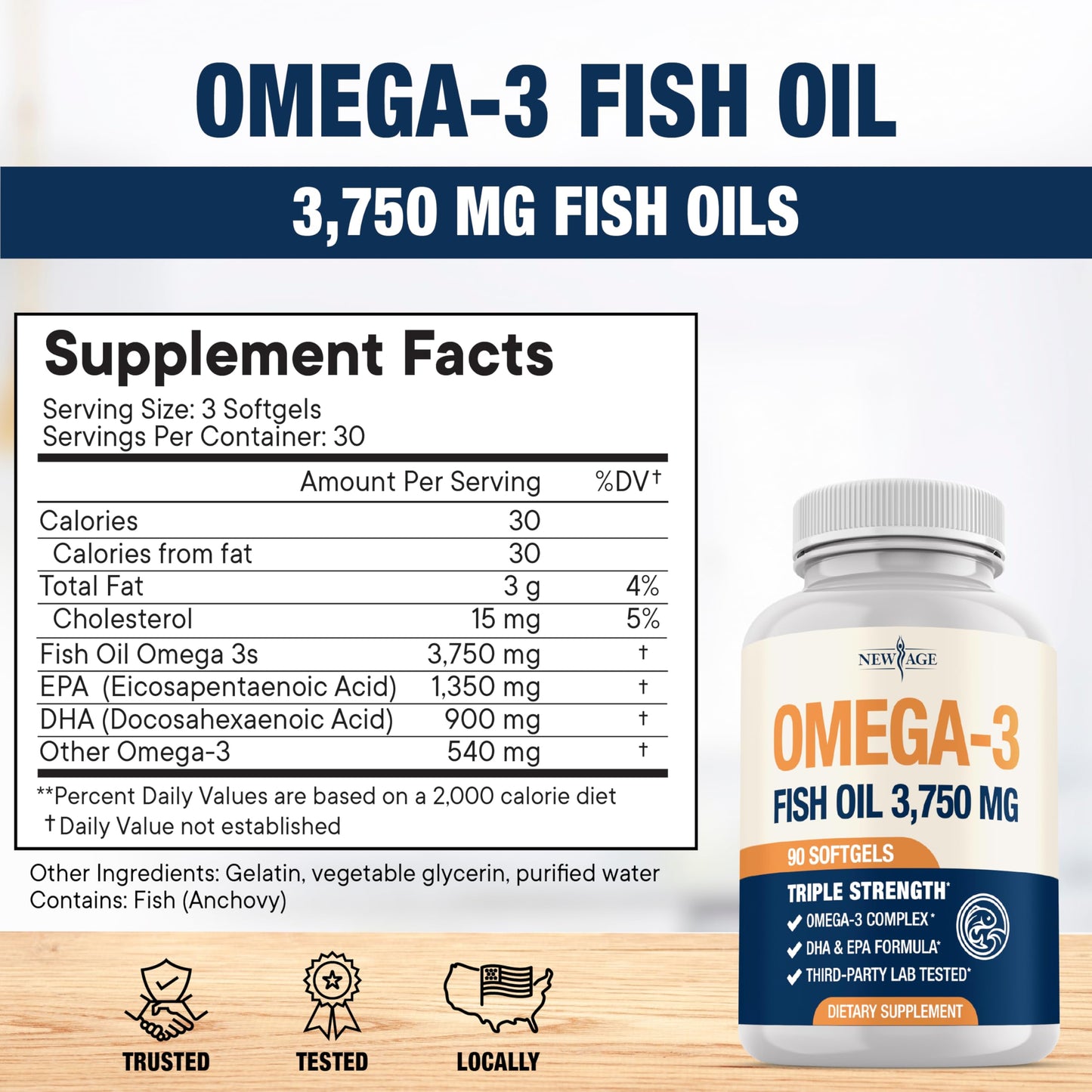 Premium burpless fish oil capsules highlighting 1350 Milligram EPA and 900 Milligram DHA