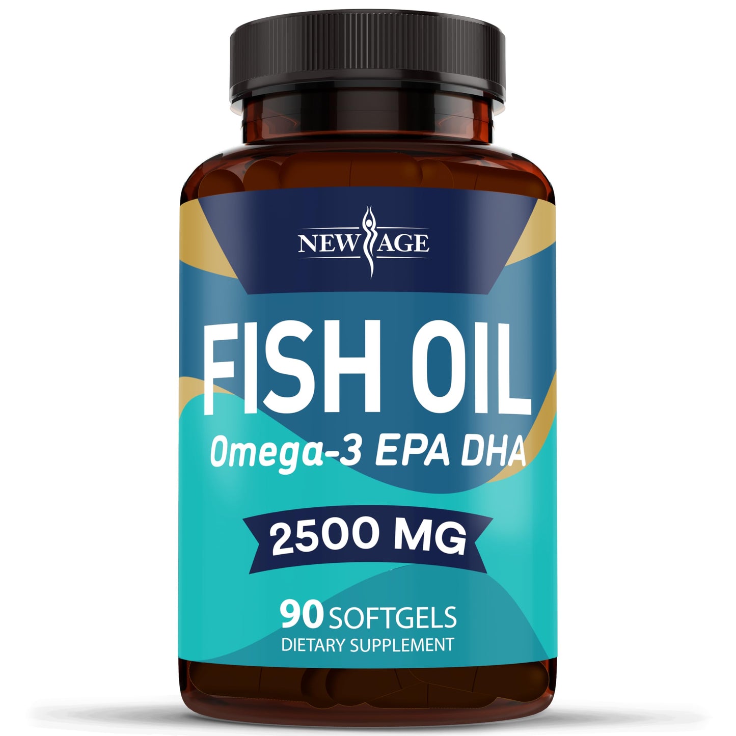 Immune support benefits and purity certifications highlighted on New Age fish oil supplement.
