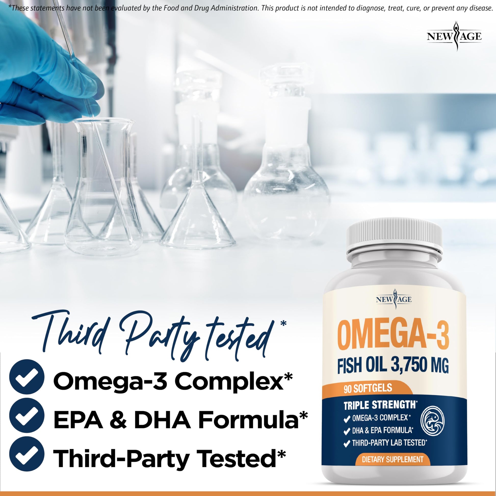 Authentic USA imported New Age fish oil 180 count container side panel