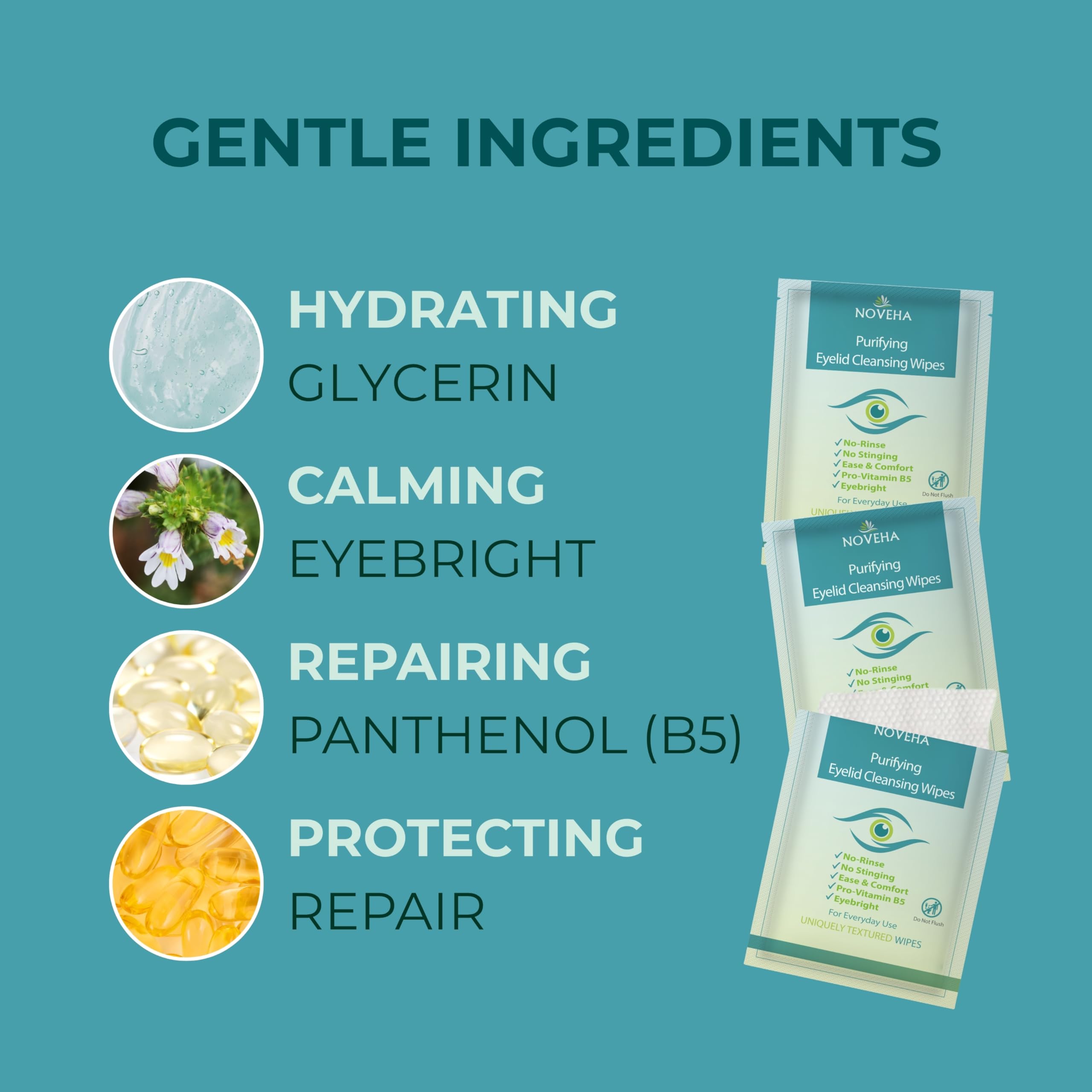 Noveha eye wipes showing hypoallergenic and soothing features