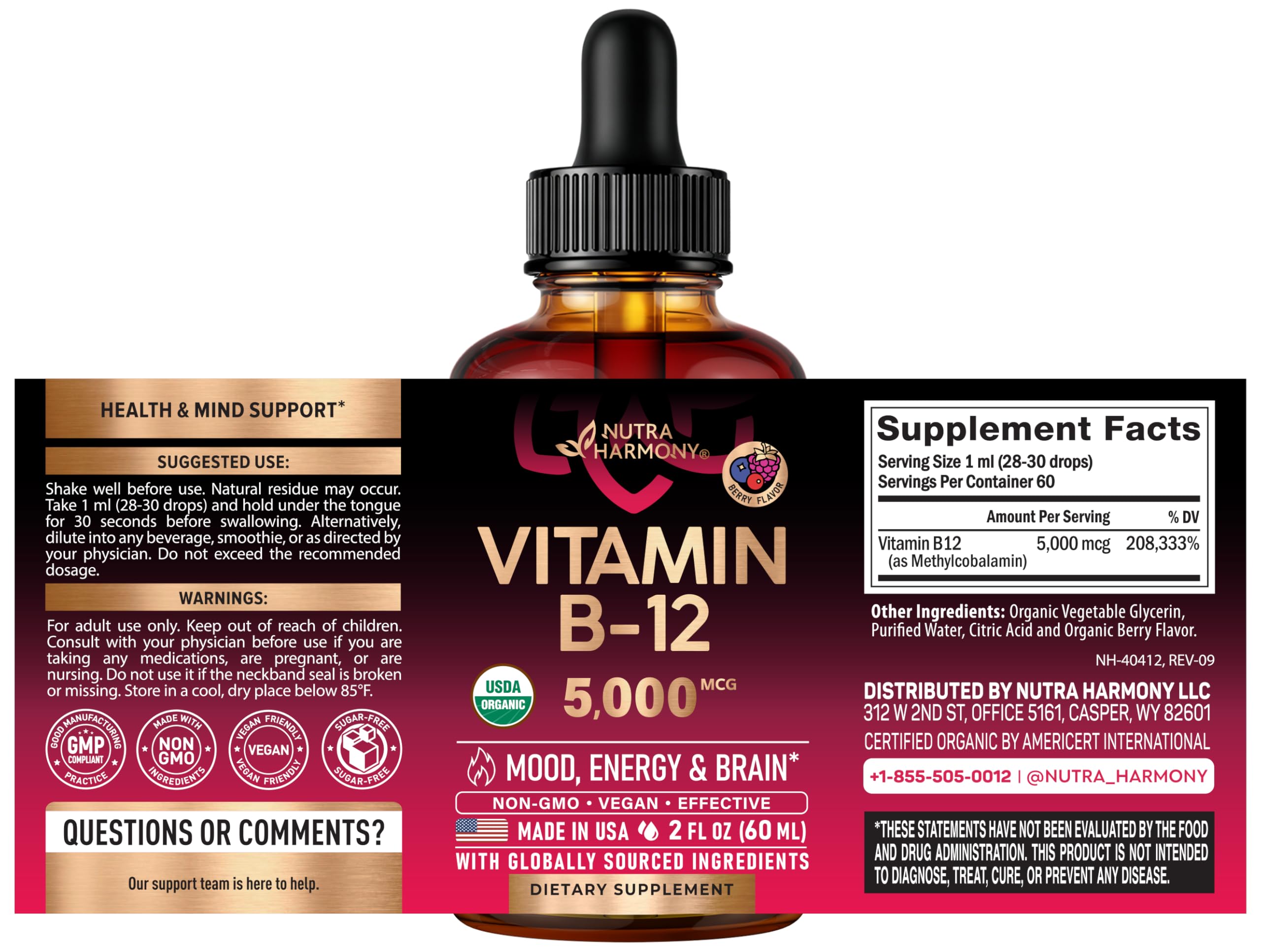 NutraHarmony B12 5000mcg liquid supplement dropper bottle