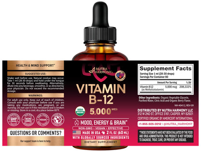 NutraHarmony B12 5000mcg liquid supplement dropper bottle