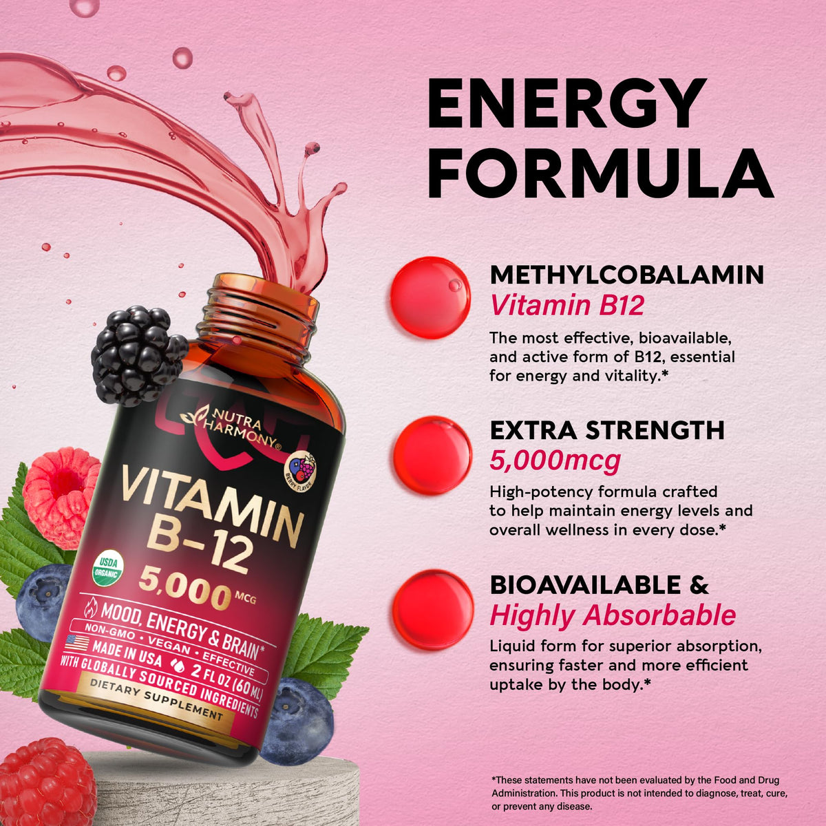 NutraHarmony B12 liquid drops berry flavor bottle