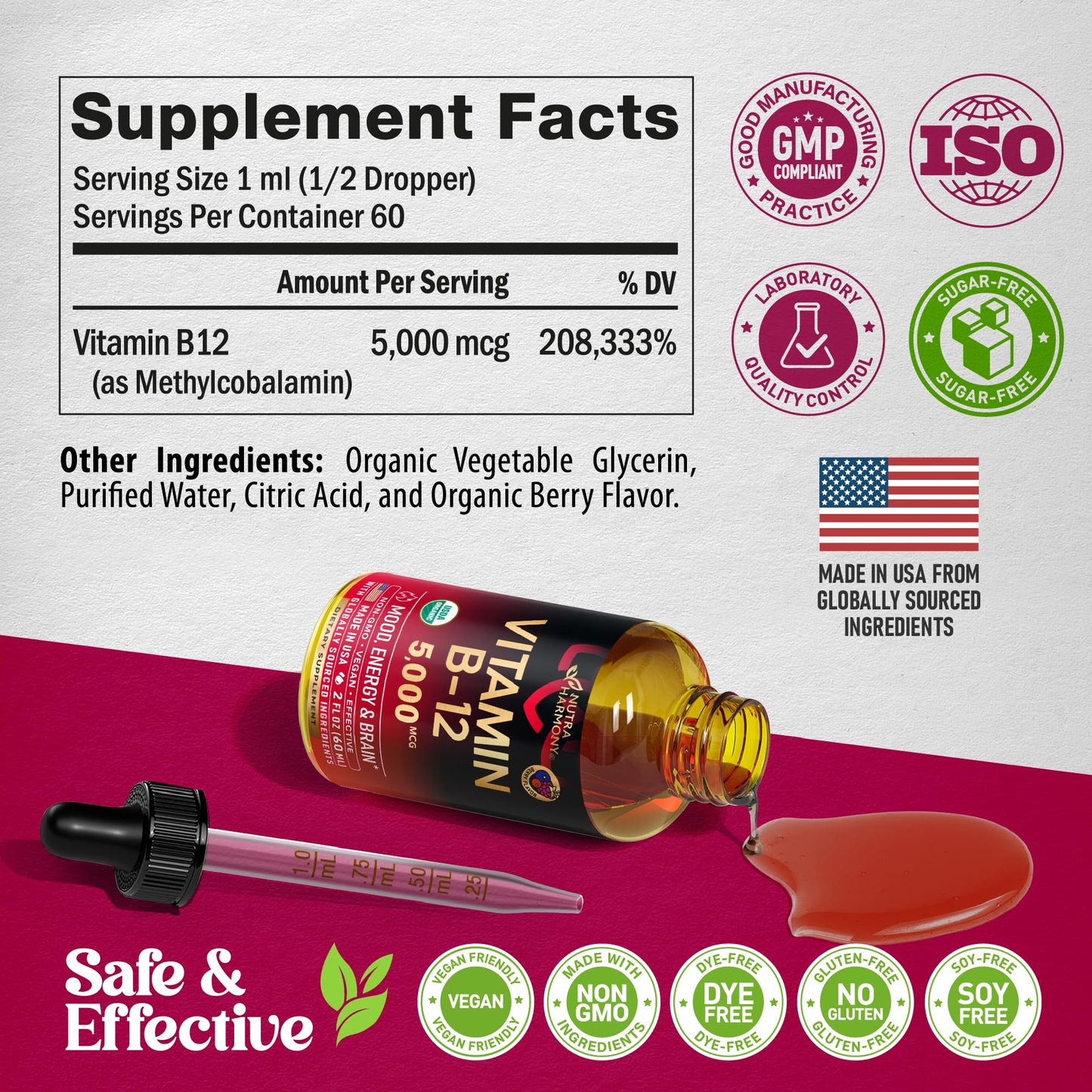 NutraHarmony 5000mcg B12 drops 60 milliliter supply