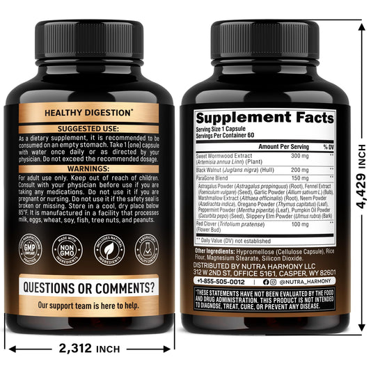 NutraHarmony wormwood and black walnut supplement label detail displaying the 12-in-1 herbal proprietary blend.