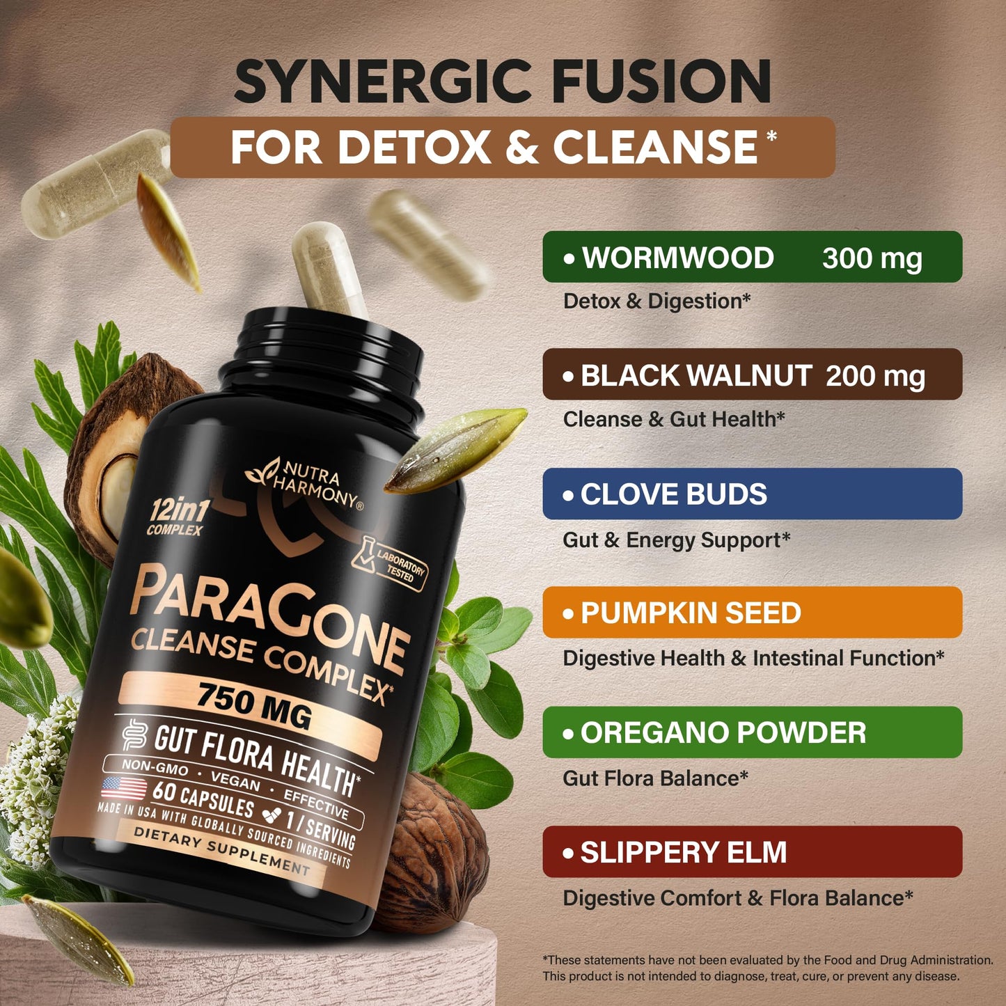 NutraHarmony ParaGone clean formula nutritional facts and daily usage instructions on the back of the bottle.