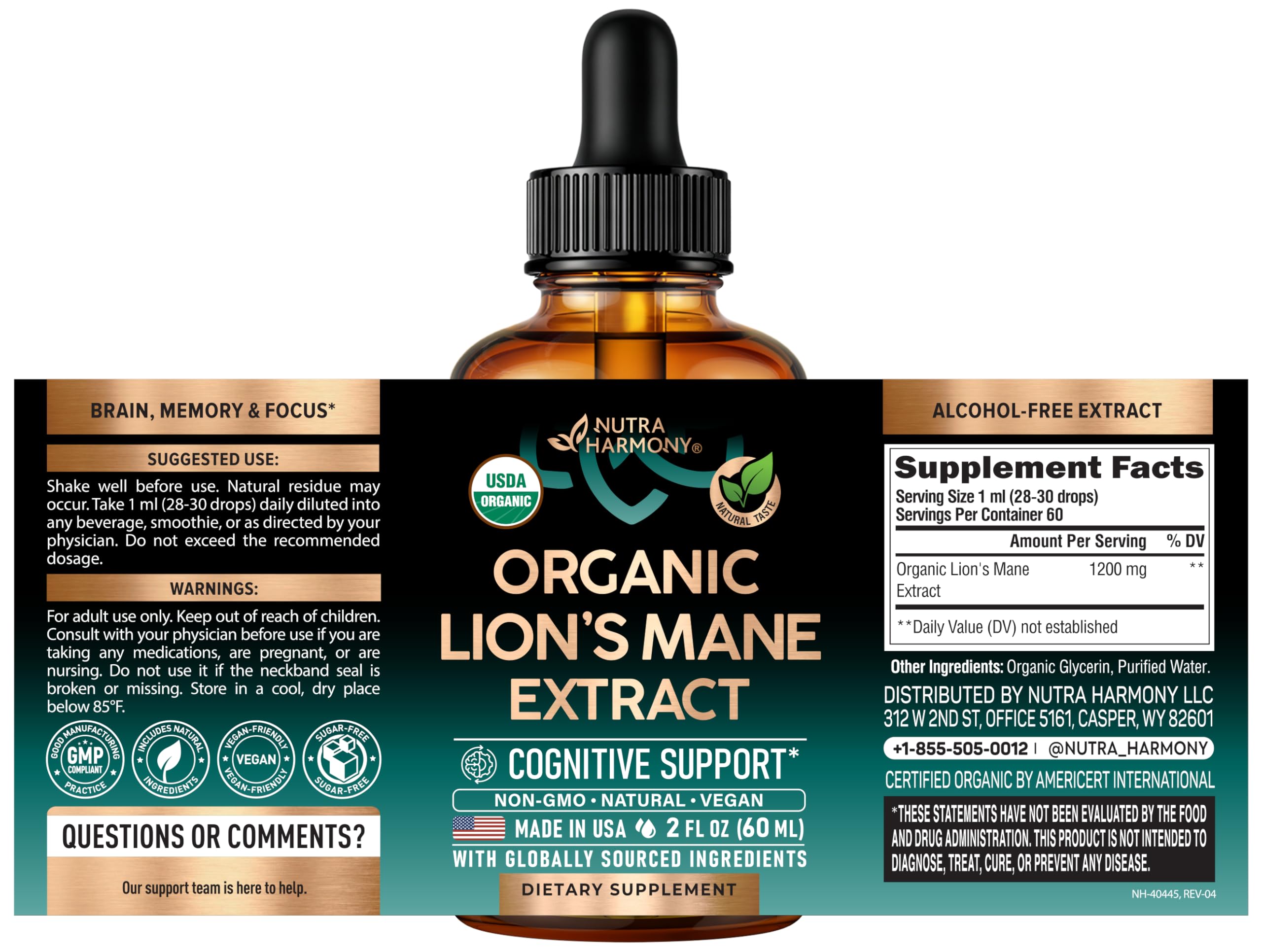 Authentic USDA Organic lions mane liquid supplement bottle detailing active ingredients.