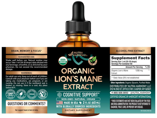 Authentic USDA Organic lions mane liquid supplement bottle detailing active ingredients.