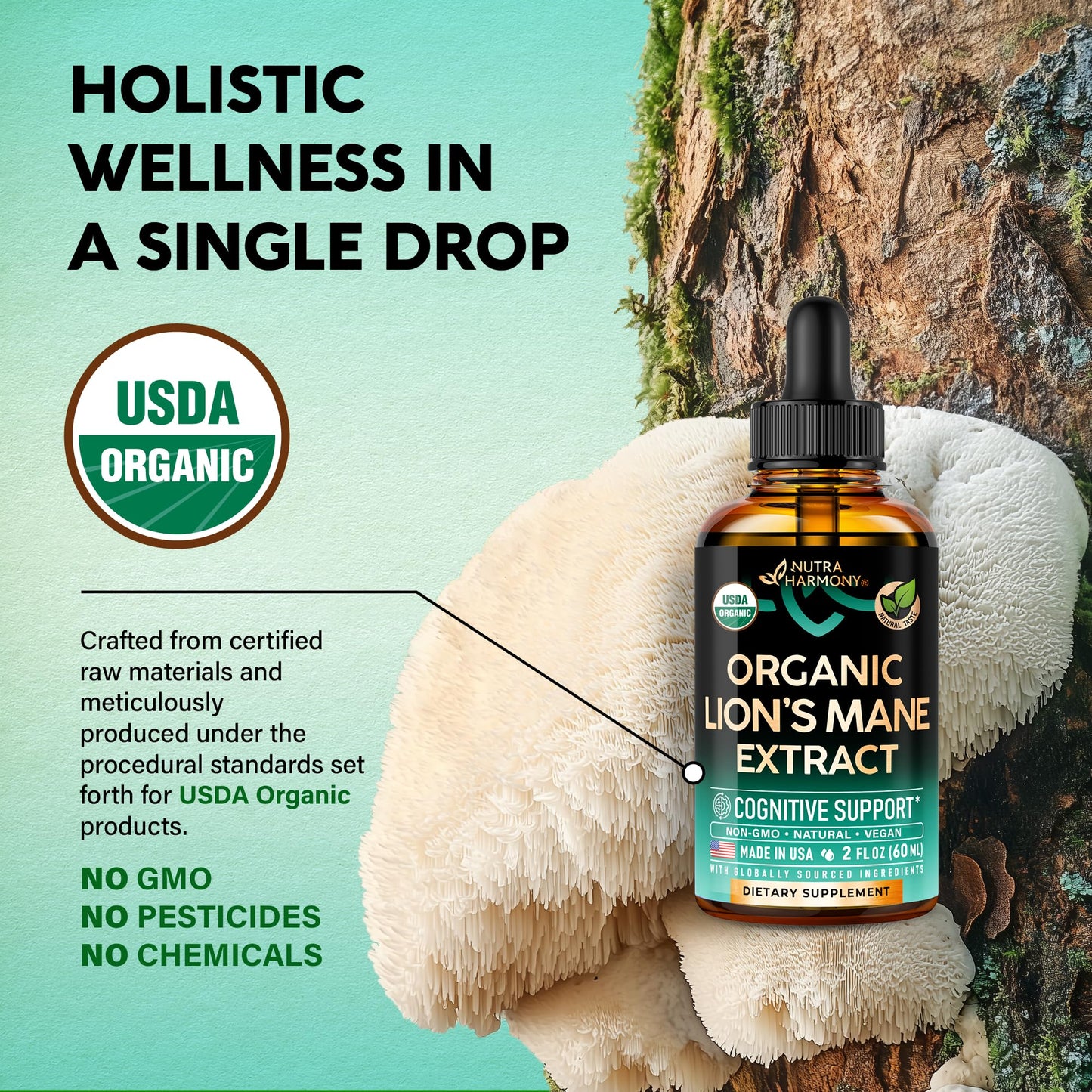 Half dropper showing the clear alcohol free liquid texture of the mushroom supplement.