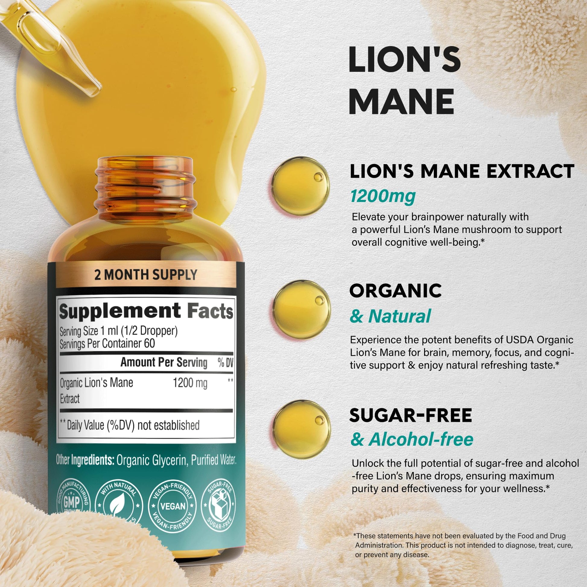 Nutraharmony lions mane extract packaging displaying vegan and non GMO seals.
