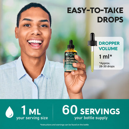 Liquid mushroom extract drops being added to a morning beverage for brain focus.