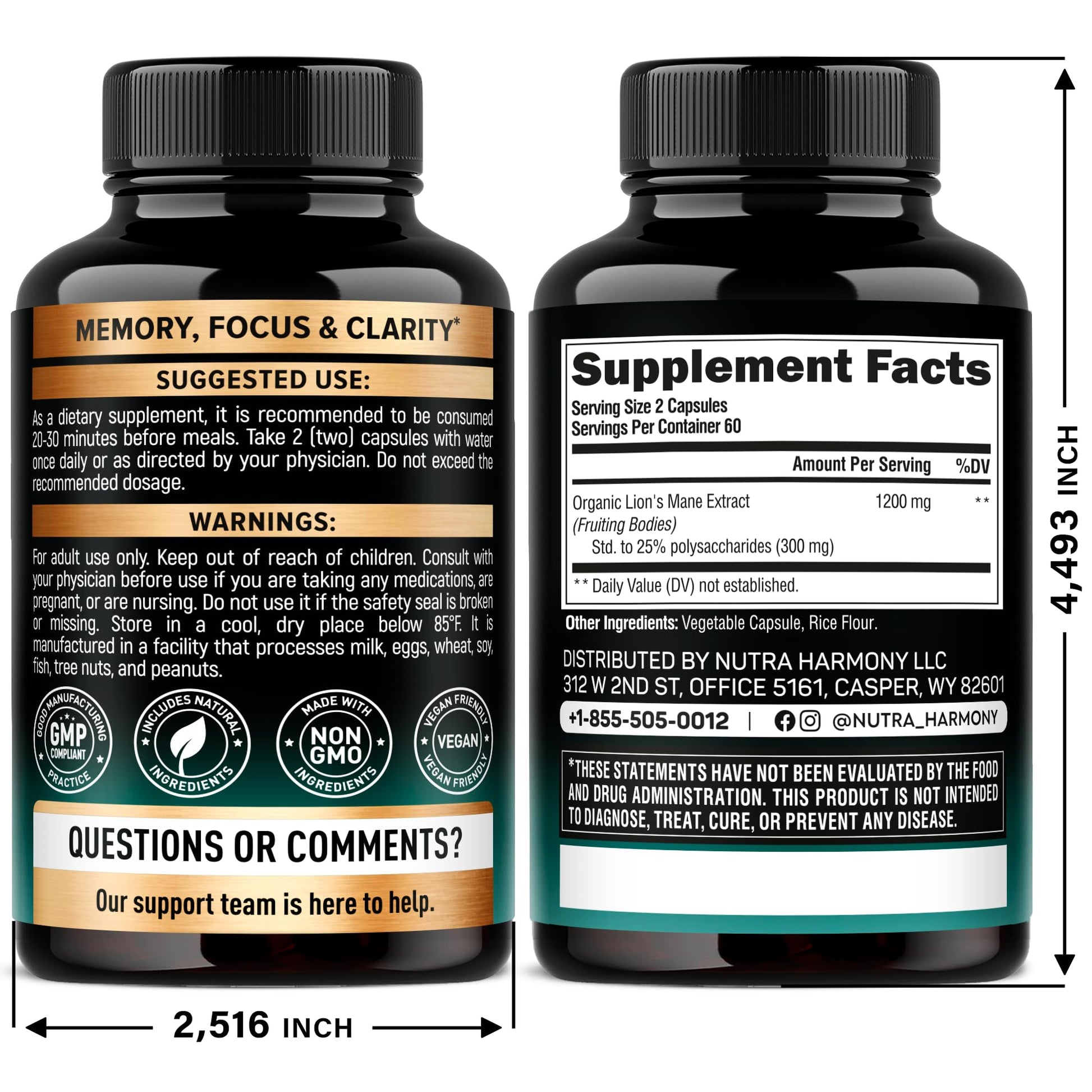Nutraharmony mushroom supplement 120 vegetable capsules packaging details showing 25 percent polysaccharides