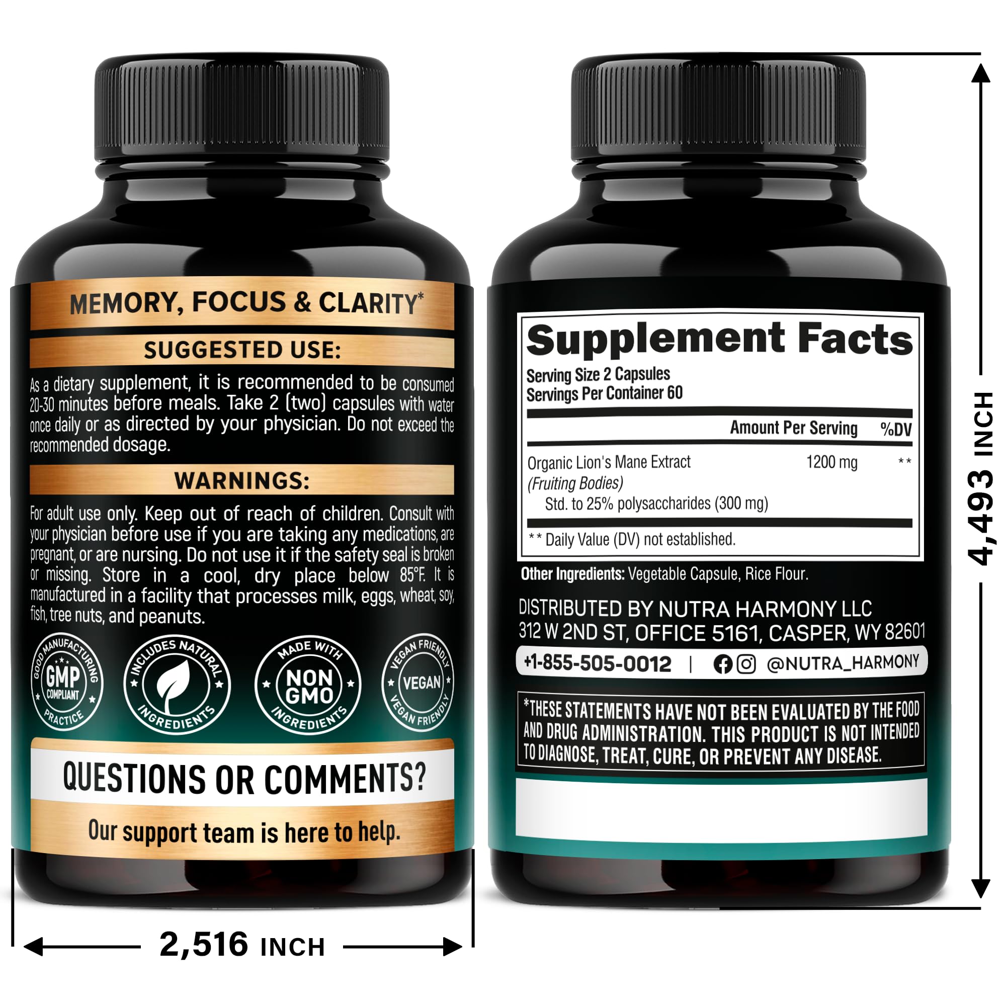 Nutraharmony mushroom supplement 120 vegetable capsules packaging details showing 25 percent polysaccharides